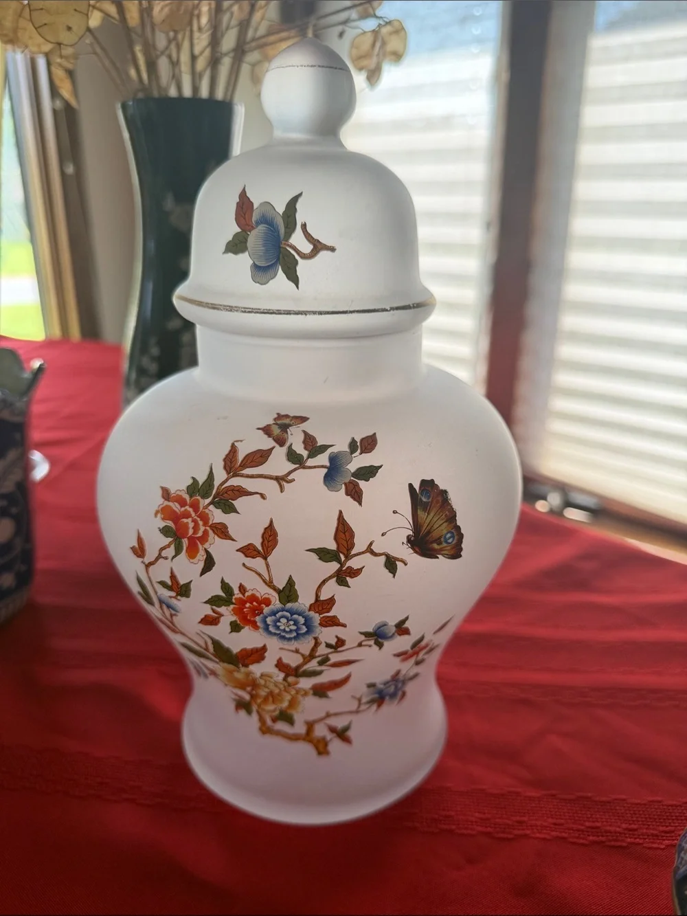Decorative Frosted Glass Ginger Jar with Floral and Butterfly Motif - White